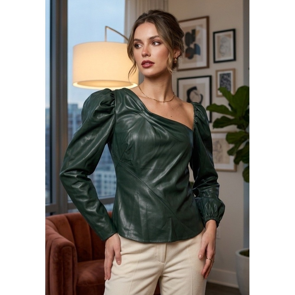 Zara Faux Leather Asymmetrical One Shoulder Puff Sleeve Top Size L Green NWT